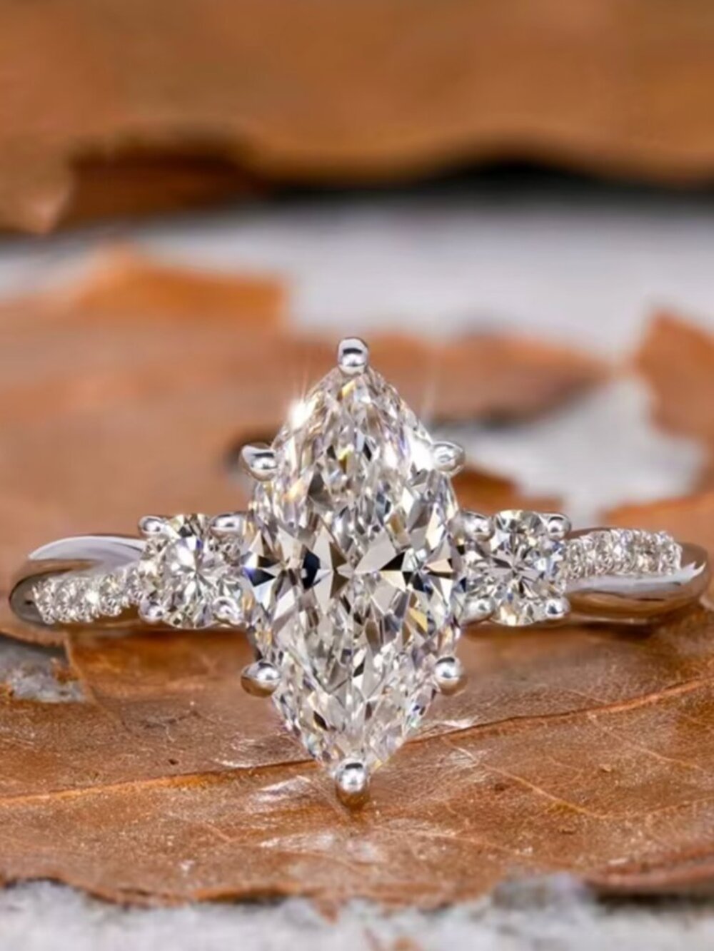 NEW 18K White Gold Diamond Ring Marquise Cut Ring
